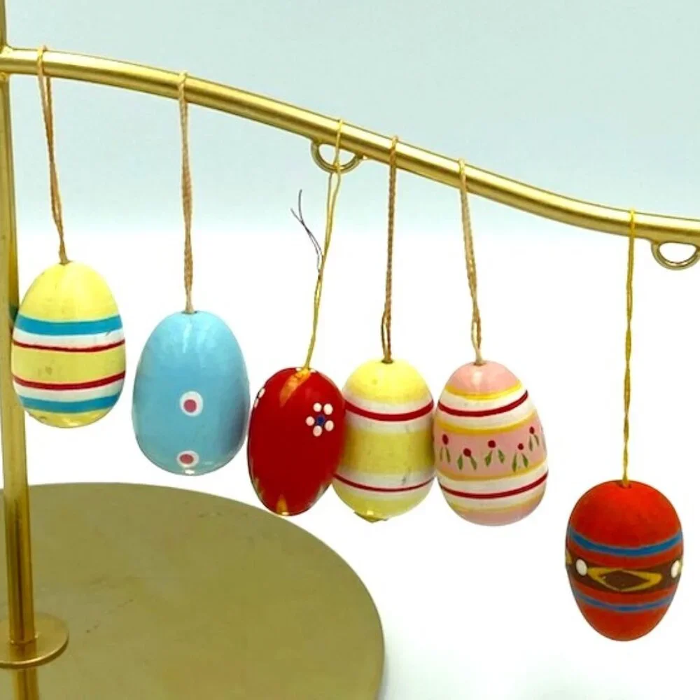 Vintage‎ Mini Easter Ornaments Hand Painted Paint Wooden Eggs Set of 6
